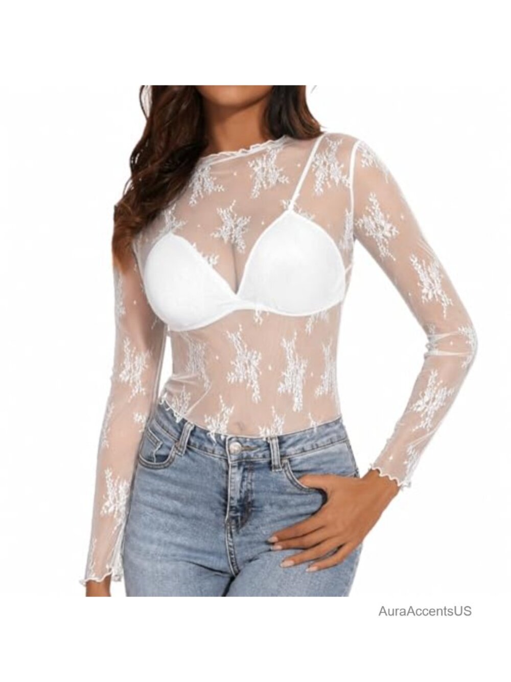 Women Sheer Long Sleeve Mesh Top Mock Neck Floral Lace Layering Blouse